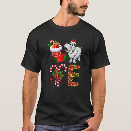 Hippo Christmas Lights Led  Santa Hat Christmas Tシャツ (正面)