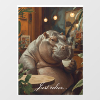 Hippo drinks coffee. Surreal style ウィンドウサイン