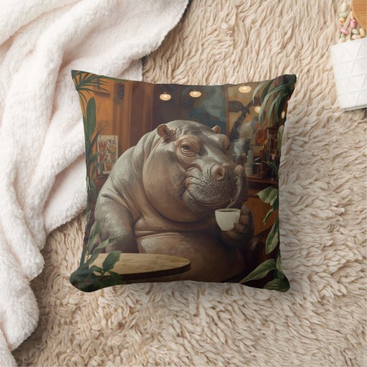 Hippo drinks coffee. Surreal style クッション (ブランケット)