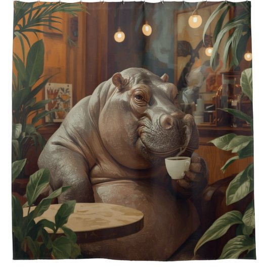 Hippo drinks coffee. Surreal style シャワーカーテン (正面)