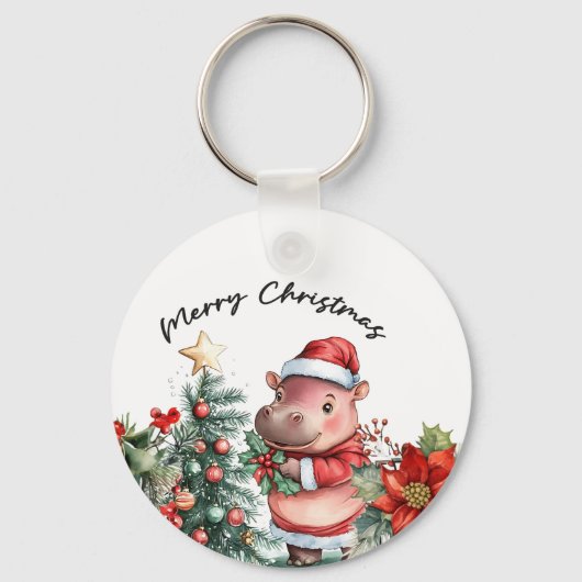 Hippo Holiday Cheer Button キーホルダー (正面)