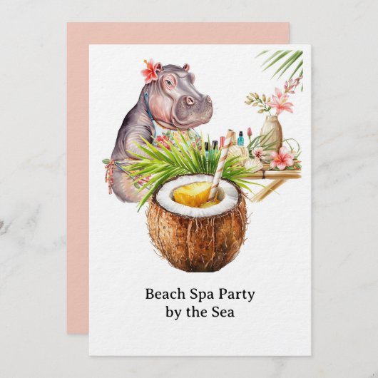  Hippo in Bikini Manicure Coastal Beauty beach spa 招待状 (正面/裏面)