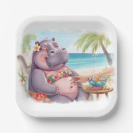 Hippo in bikini relax by the beach  ペーパープレート