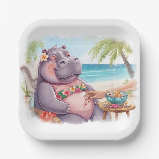 Hippo in bikini relax by the beach  ペーパープレート (正面)