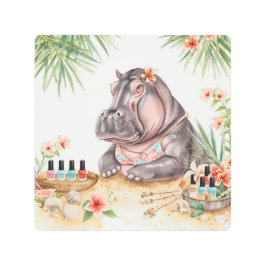 Hippo is doing manicure by the beach  メタルプリント