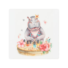 Hippo is doing manicure by the beach  メタルプリント