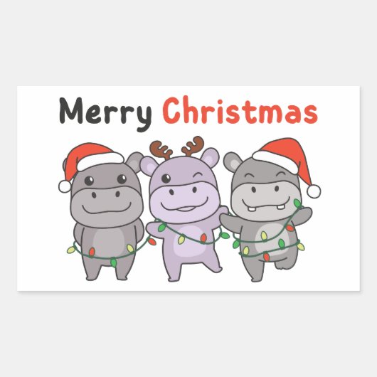 Hippo Merry Christmas Cute Dogs Holiday 長方形シール (正面)