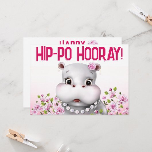 Hippo Pink Floral Girl Birthday カード (正面/裏面インサイチュ)