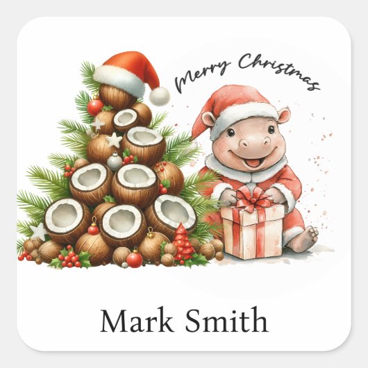 Hippo Santa  Holiday Cheer Button スクエアシール (正面)