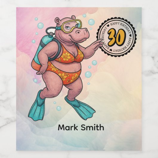 Hippo scuba diver 30th Birthday  ワインラベル (シングルラベル)
