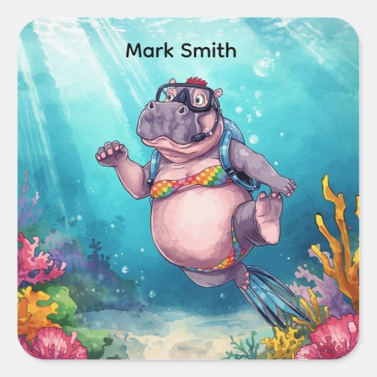 Hippo Scuba diver underwater  スクエアシール (正面)