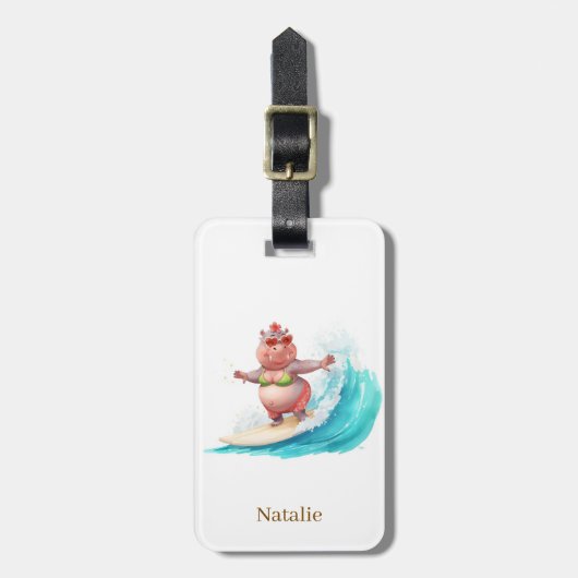 Hippo Surfer on Surf Board ラゲッジタグ (正面縦)