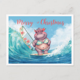 Hippo Surfer on Surf Board on Christmas Holiday  ポストカード