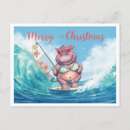 Hippo Surfer on Surf Board on Christmas Holiday  ポストカード (正面)