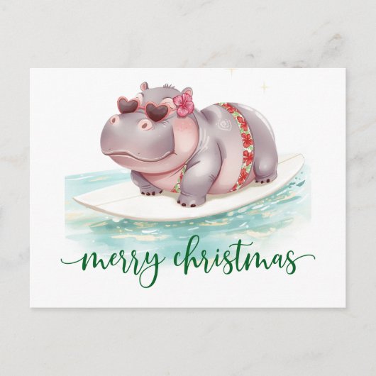 Hippo Surfer on Surf Board on Christmas Holiday ポストカード (正面)