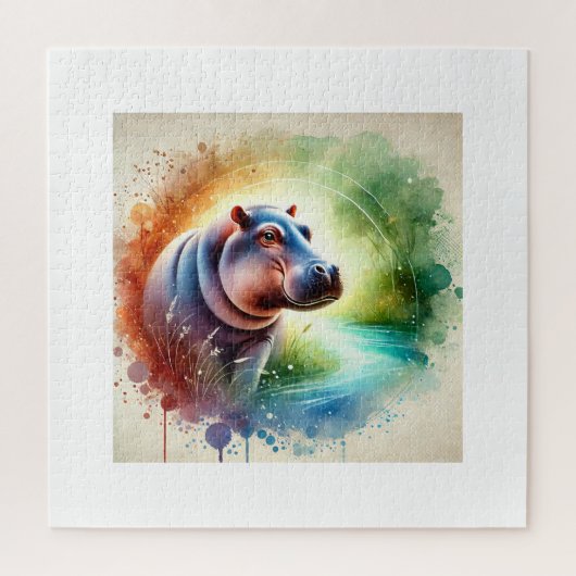 Hippopotamus Harmony 070724AREF126 - Watercolor ジグソーパズル (縦)