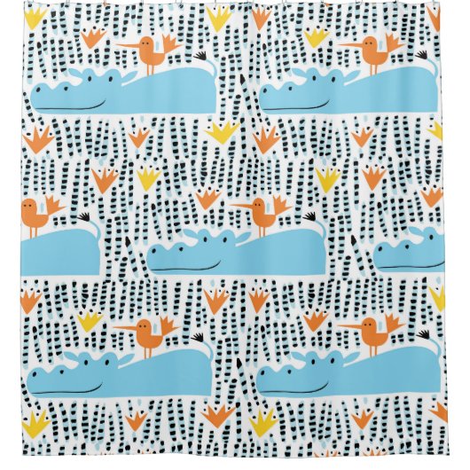 Hippos Birds Lake:ヴィンテージパターン。 シャワーカーテン (正面)