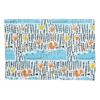 Hippos Birds Lake:ヴィンテージパターン。 枕カバー