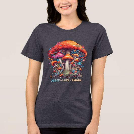 Hippy Boho Mushroom Peace Love Vegan トライブレンドＴシャツ (正面)