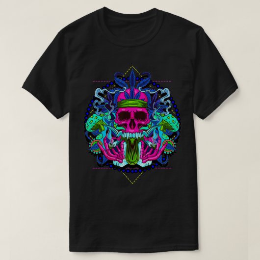 Hippy Skull Weed Goth Mushrooms Psychedelic Tシャツ (デザイン正面)