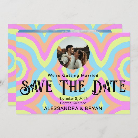 Hipster カラフル Two写真テンプレート日付を保存 セーブザデート (正面/裏面)