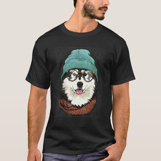 Hipster Alaskan Malamute Animal Wearing Sunglasses Tシャツ (正面)