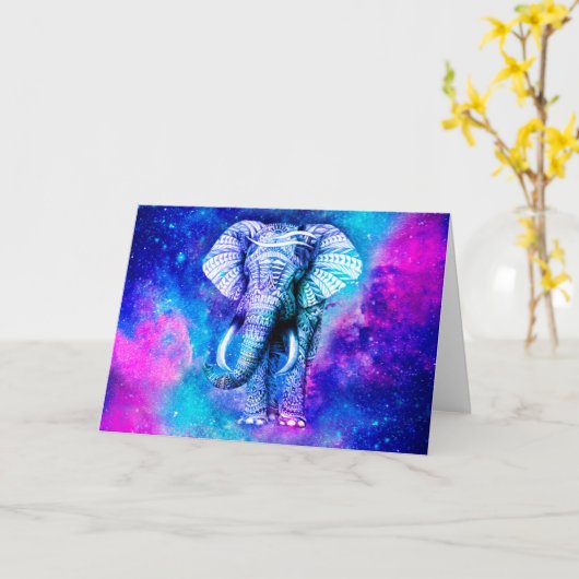 Hipster Elephant Nebula Space カード (黄色い花)