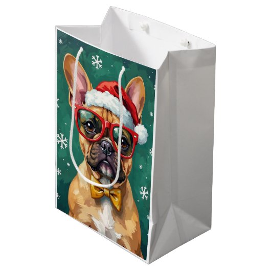 Hipster French Bulldog Santa Glasses Modern ミディアムペーパーバッグ (正面アングル)