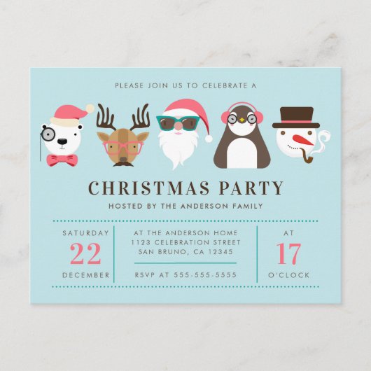 Hipster Santa & Friends Christmas Party Invitation ポストカード (正面)