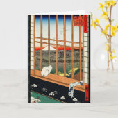 Hiroshige著Mt富士の眺めの窓の猫 カード (黄色い花)