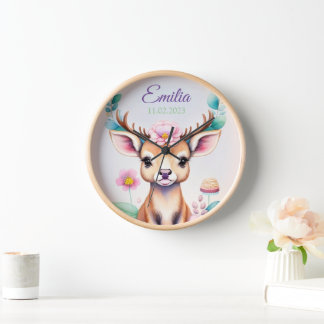 Hirsch mit Blumen - Wasserfarbe Kindermotiv 壁時計