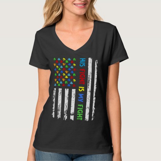 His Fight Is My Fight Puzzle Piece Autism Awarenes Tシャツ (正面)