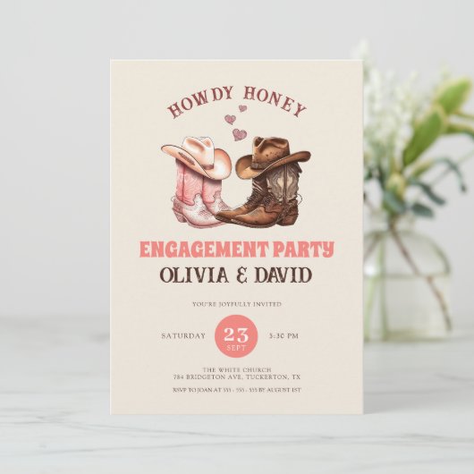 His & Herカウボーイブーツウェスタン婚約パーティ 招待状 (スタンド正面)