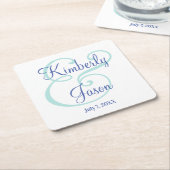 His & Her Blueスクリプト名、淡い色のティール（緑がかった色）・アンパサンド スクエアペーパーコースター (アングル)