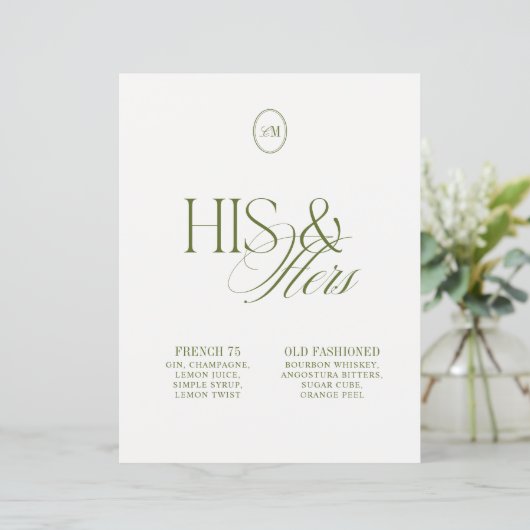 His & Hers サイン入りカクテル グリーン ウェディング サイン (スタンド正面)