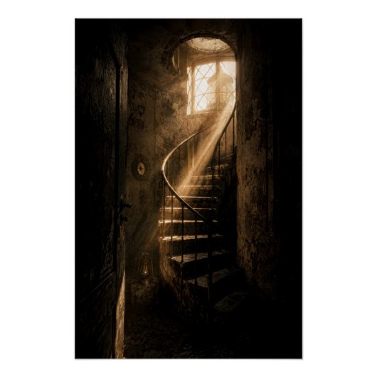 Historic Lighthouse Winding Stairs Sunbeam Print ポスター (正面)