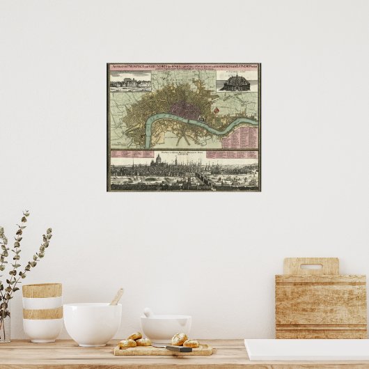 Historic Map of London, England (1740) ポスター (キッチン)