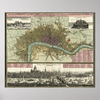 Historic Map of London, England (1740) ポスター