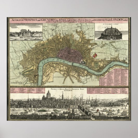 Historic Map of London, England (1740) ポスター (正面)