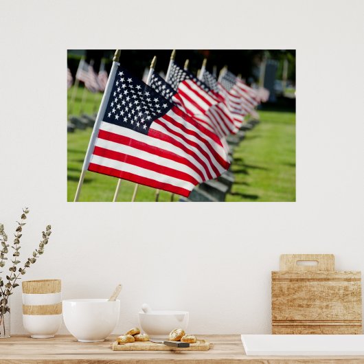 Historic military cemetery with US flags ポスター (キッチン)