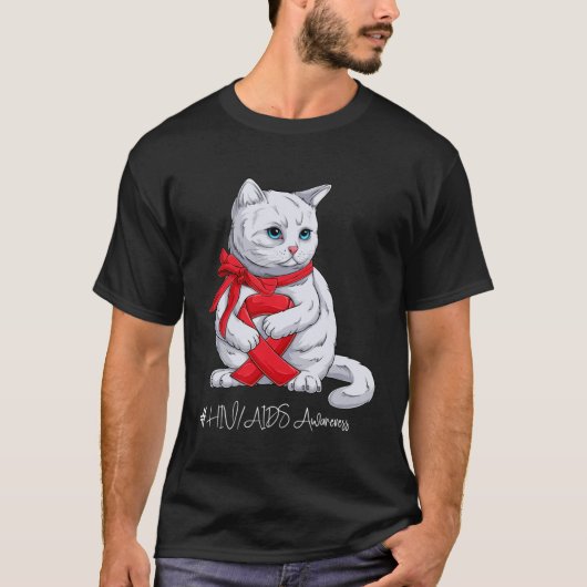 HIV・エイズ啓発月間 レッドリボン 猫 Tシャツ (正面)