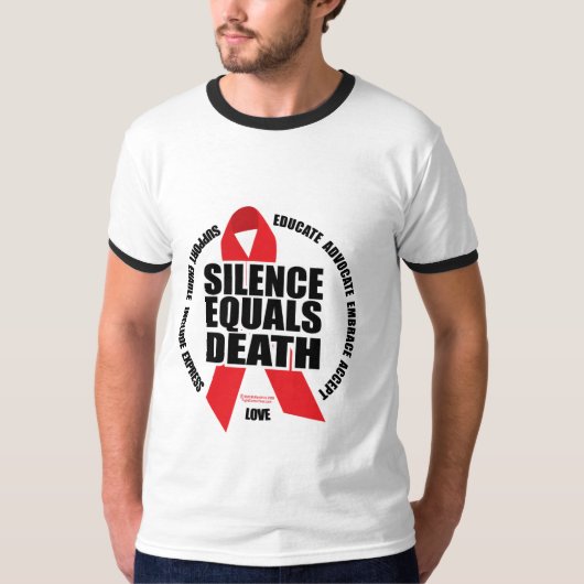HIV/AIDS: 沈黙は死に匹敵します Tシャツ (正面)