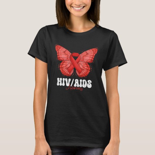 HIV AIDS Awareness Month Red Ribbon Butterfly Tシャツ (正面)
