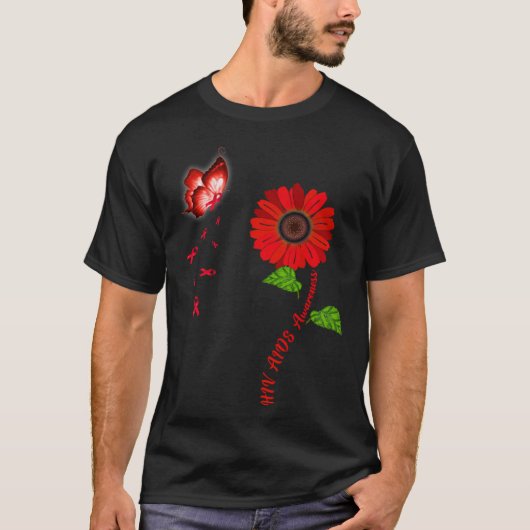HIV Aids Awareness Red Butterfly Sunflower Ribbon Tシャツ (正面)