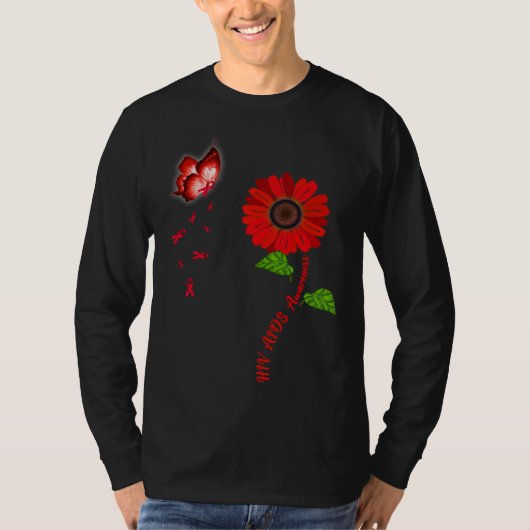 HIV Aids Awareness Red Butterfly Sunflower Ribbon Tシャツ (正面)
