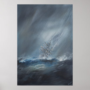 HMS Beagle in Storm off Cape Horn 24th December ポスター