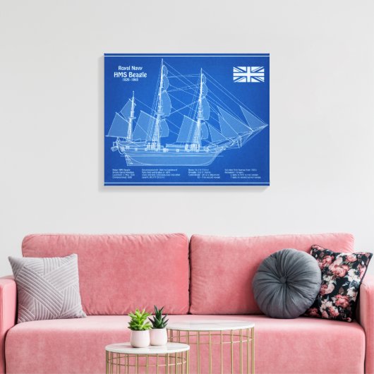 HMS Beagle Tall Ship - Ship Blueprint ABD キャンバスプリント (インサイチュ (リビング))