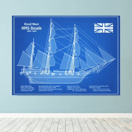 HMS Beagle Tall Ship - Ship Blueprint ABD キャンバスプリント (インサイチュ (ウッドフロア))