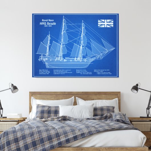HMS Beagle Tall Ship - Ship Blueprint ABD キャンバスプリント (インサイチュ (寝室))