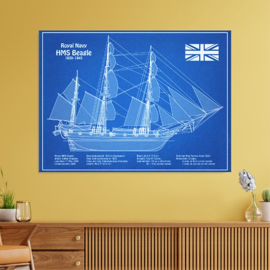 HMS Beagle Tall Ship - Ship Blueprint ABD キャンバスプリント (インサイチュ (リビング))